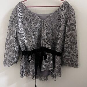 Alex Evenings Silver Lace Blouse with Black Tie